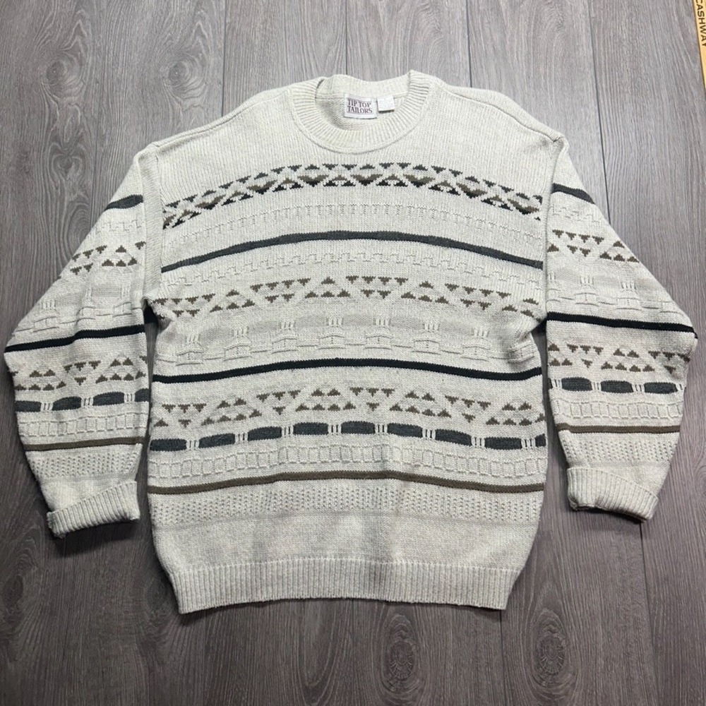 Vintage Tip Top Tailors Mens Large Knit Geometric Striped Sweater Made in Canada